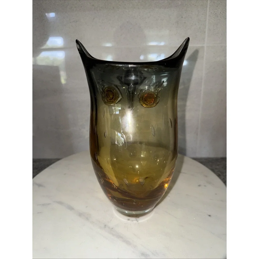 MOUTH BLOWN Amber Gray Vase OWL Shape LARGE 9